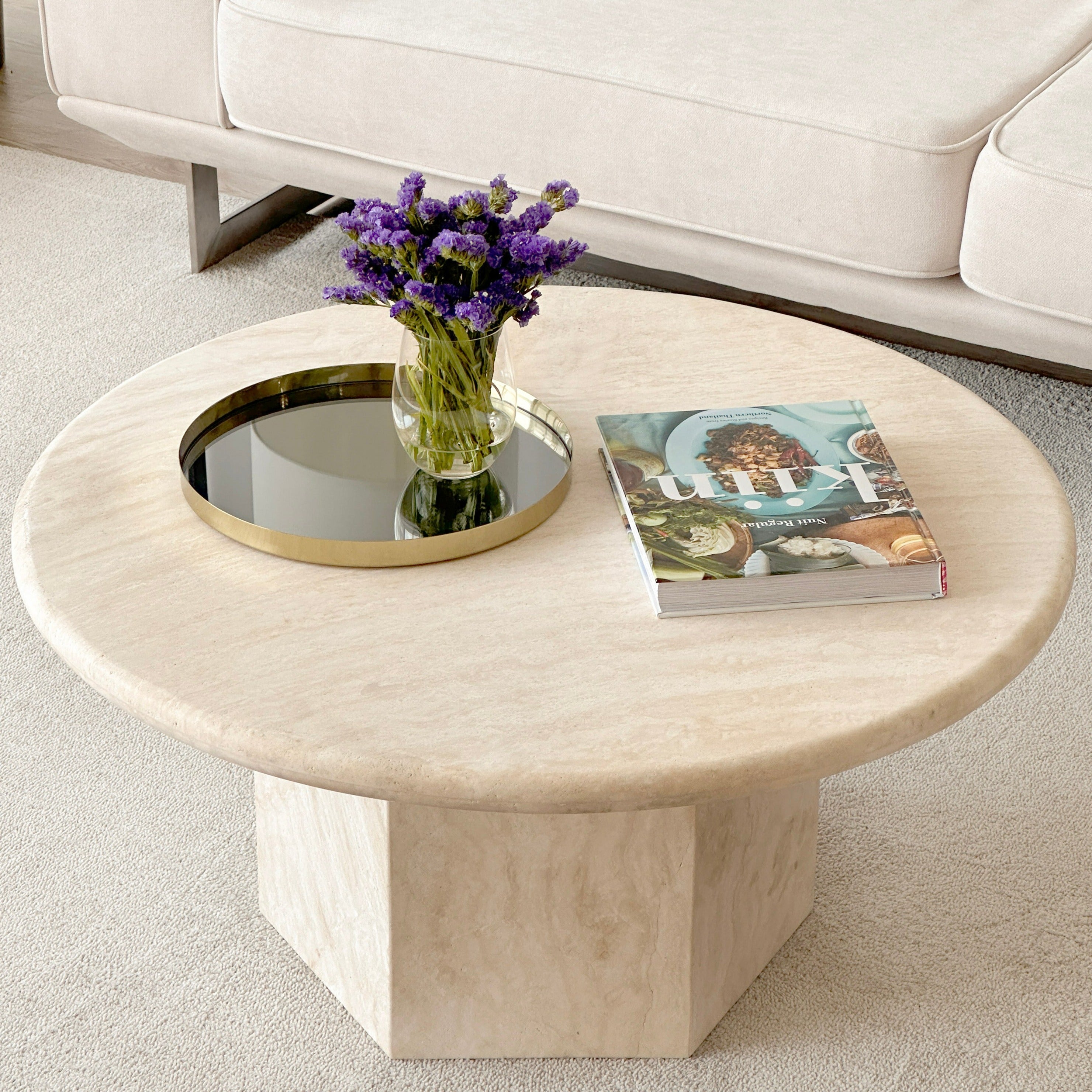 Gabrielle Travertine Round Coffee Table (partially filled)